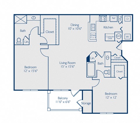 A blueprint of a house layout with a living room, two bedrooms, a bathroom, a kitchen, a dining room, a balcony, and storage.